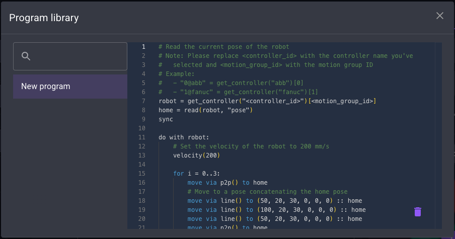 Robot Pad program library with one stored program