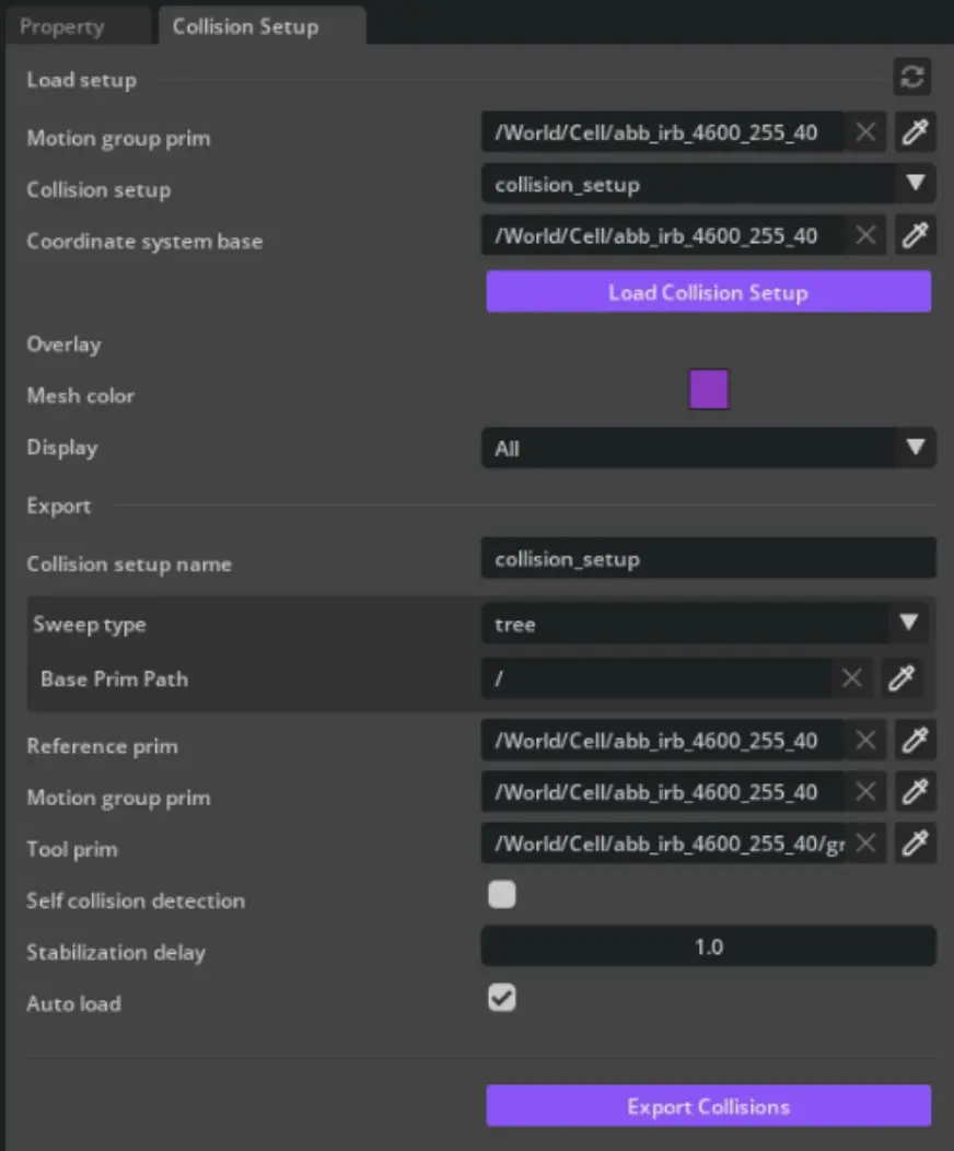 Collision setup window