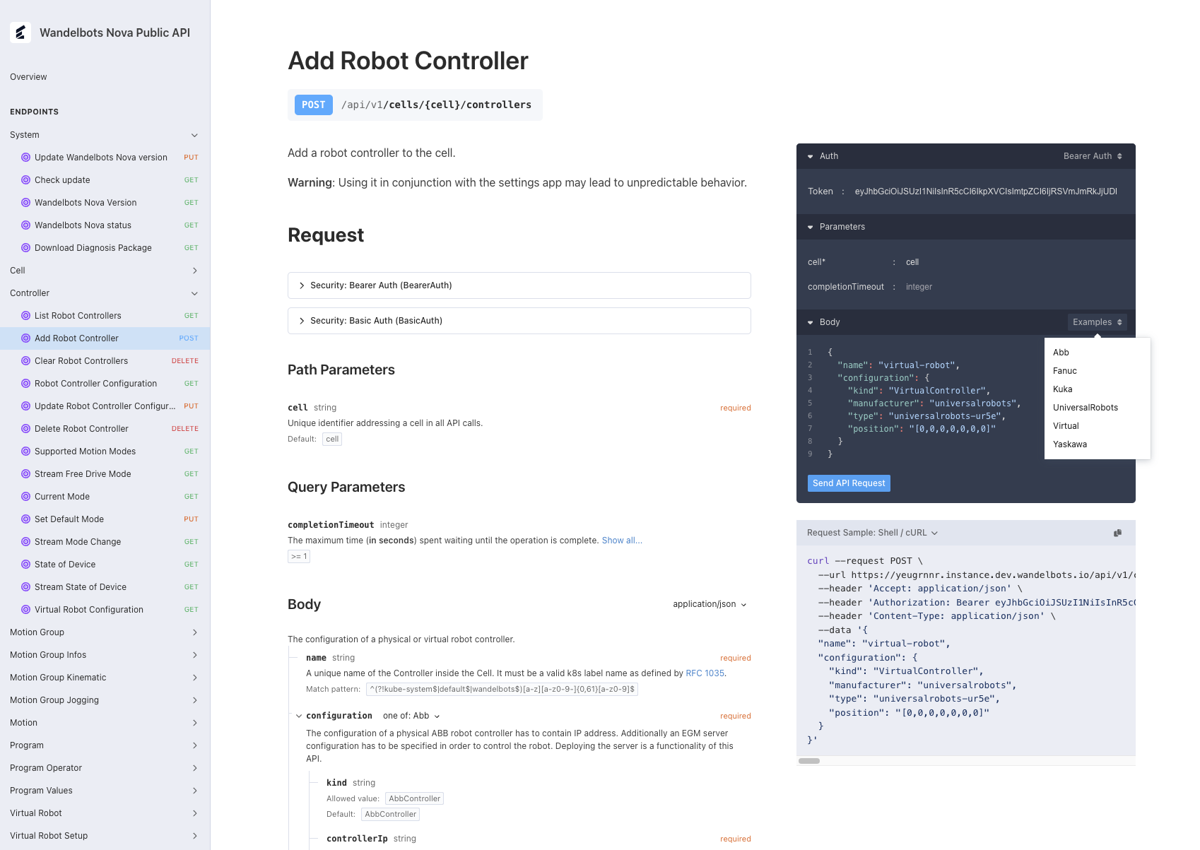 Add robot to cell endpoint and select the desired robot from the examples dropdown