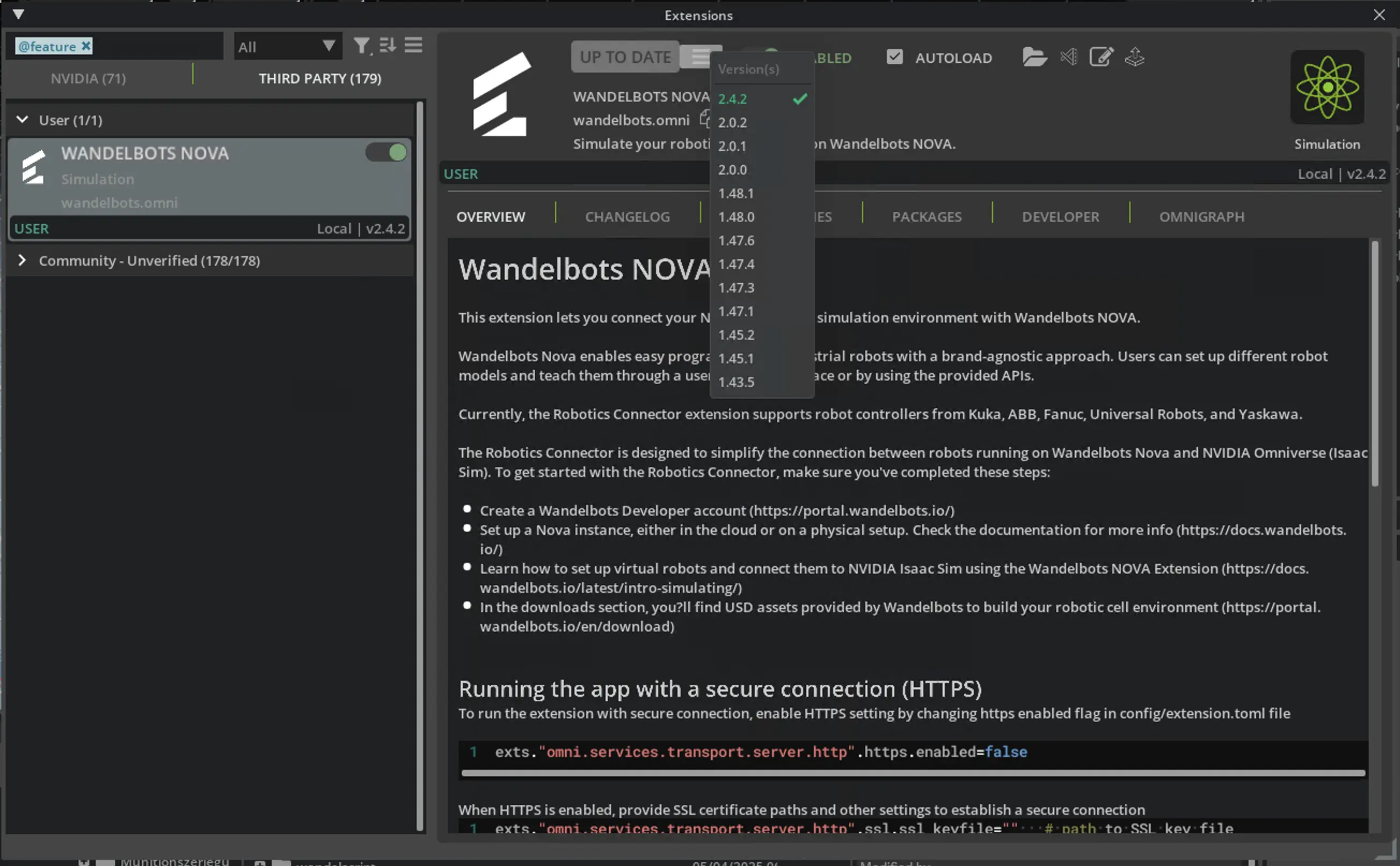 NVIDIA Isaac Sim extension manager with Wandelbots NOVA extension