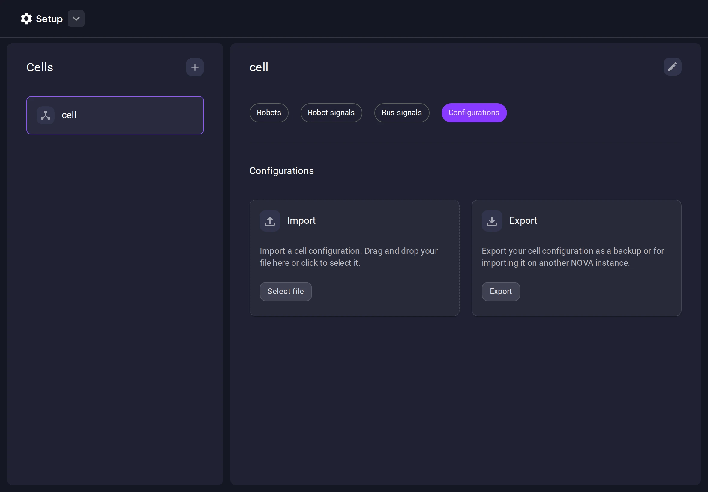 Configurations screen in NOVA Setup